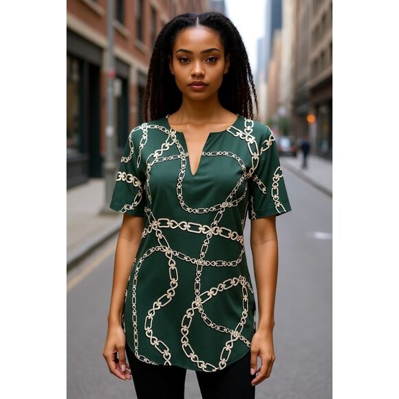 Ann Taylor Elegant Top XS Green White Chain Luxury Print Blouse Short Sleeve - Picture 1 of 11